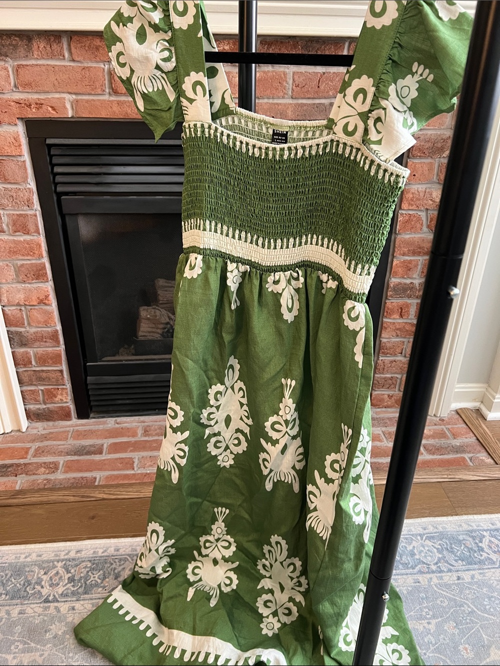 SHEIN Green and White Smocked Floral Maxi Dress